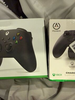 Xbox Black Wireless Controller and PowerA Charging Stand Bundle